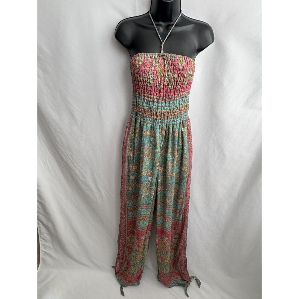 Boho Smocked Flowy Wide Leg Jumpsuit Multicolor One Size Ethnic Gypsy Bohemian